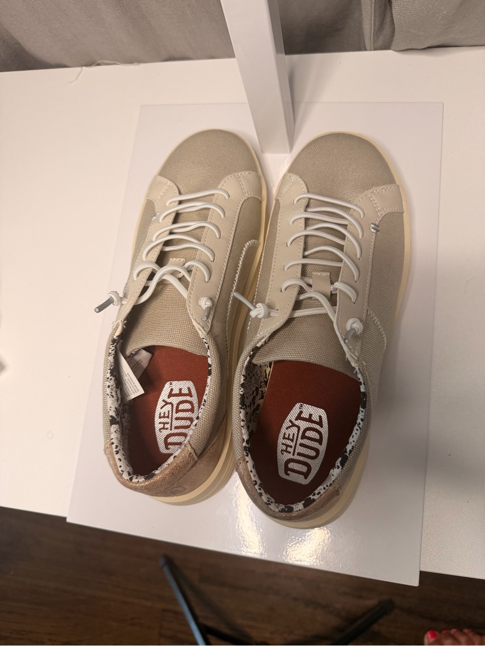 Hey Dude Beige Canvas Slip-On Sneakers with White Laces